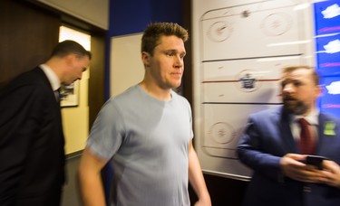 Toronto Maple Leafs Jake Gardiner walks out to speak to media during the Leafs locker clean out at the Air Canada Centre in Toronto, Ont. on Friday April 27, 2018. Ernest Doroszuk/Toronto Sun/Postmedia Network