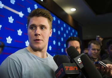 Toronto Maple Leafs Jake Gardiner speaks to media during the Leafs locker clean out at the Air Canada Centre in Toronto, Ont. on Friday April 27, 2018. Ernest Doroszuk/Toronto Sun/Postmedia Network