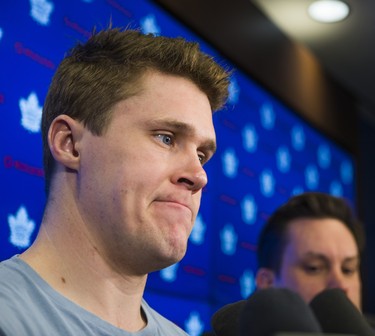 Toronto Maple Leafs Jake Gardiner speaks to media during the Leafs locker clean out at the Air Canada Centre in Toronto, Ont. on Friday April 27, 2018. Ernest Doroszuk/Toronto Sun/Postmedia Network