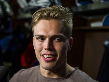 Toronto Maple Leafs Andreas Johnsson speaks to media during the Leafs locker clean out at the Air Canada Centre in Toronto, Ont. on Friday April 27, 2018. Ernest Doroszuk/Toronto Sun/Postmedia Network