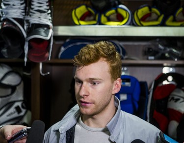 Toronto Maple Leafs Connor Brown speaks to media during the Leafs locker clean out at the Air Canada Centre in Toronto, Ont. on Friday April 27, 2018. Ernest Doroszuk/Toronto Sun/Postmedia Network