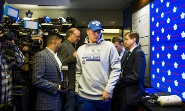 Toronto Maple Leafs goalie Frederik Andersen walks out to speak to media during the Leafs locker clean out at the Air Canada Centre in Toronto, Ont. on Friday April 27, 2018. Ernest Doroszuk/Toronto Sun/Postmedia Network