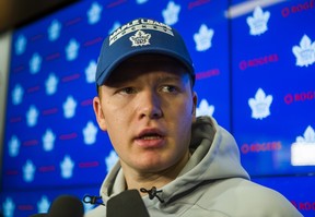 Toronto Maple Leafs goalie Frederik Andersen speaks to media during the Leafs locker clean out at the Air Canada Centre in Toronto, Ont. on Friday April 27, 2018.