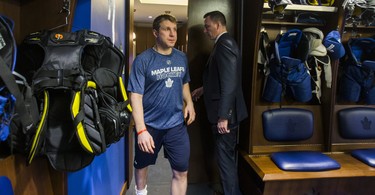 Toronto Maple Leafs Leo Komarov walks out to speak to media during the Leafs locker clean out at the Air Canada Centre in Toronto, Ont. on Friday April 27, 2018. Ernest Doroszuk/Toronto Sun/Postmedia Network