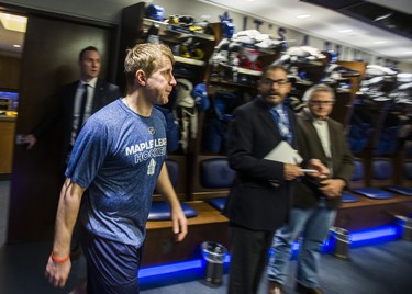 Toronto Maple Leafs Leo Komarov walks out to speak to media during the Leafs locker clean out at the Air Canada Centre in Toronto, Ont. on Friday April 27, 2018. Ernest Doroszuk/Toronto Sun/Postmedia Network