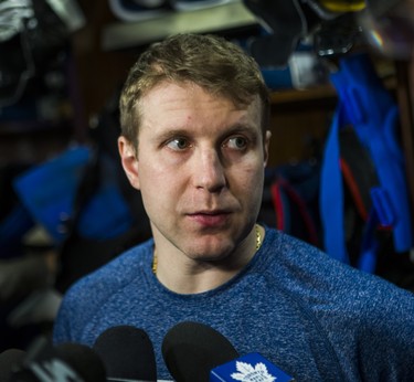 Toronto Maple Leafs Leo Komarov speaks to media during the Leafs locker clean out at the Air Canada Centre in Toronto, Ont. on Friday April 27, 2018. Ernest Doroszuk/Toronto Sun/Postmedia Network