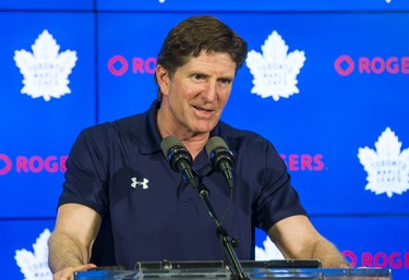 Toronto Maple Leafs head coach Mike Babcock speaks to media during the Leafs locker clean out at the Air Canada Centre in Toronto, Ont. on Friday April 27, 2018. Ernest Doroszuk/Toronto Sun/Postmedia Network