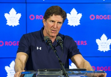 Toronto Maple Leafs head coach Mike Babcock speaks to media during the Leafs locker clean out at the Air Canada Centre in Toronto, Ont. on Friday April 27, 2018. Ernest Doroszuk/Toronto Sun/Postmedia Network