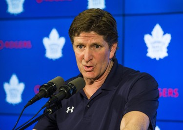 Toronto Maple Leafs head coach Mike Babcock speaks to media during the Leafs locker clean out at the Air Canada Centre in Toronto, Ont. on Friday April 27, 2018. Ernest Doroszuk/Toronto Sun/Postmedia Network