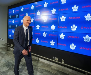 Toronto Maple Leafs GM Lou Lamoriello after speaking to media during the Leafs locker clean out at the Air Canada Centre in Toronto, Ont. on Friday April 27, 2018. Ernest Doroszuk/Toronto Sun/Postmedia Network