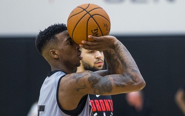 Toronto Raptors Delon Wright (front) and Fred VanVleet during practice at the BioSteel Centre in Toronto, Ont. on Monday April 30, 2018. Ernest Doroszuk/Toronto Sun/Postmedia Network