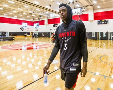 Toronto Raptors OG Anunoby walks to talk to media during a practice at the BioSteel Centre in Toronto, Ont. on Monday April 30, 2018. Ernest Doroszuk/Toronto Sun/Postmedia Network