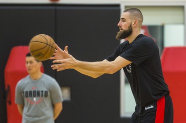 Toronto Raptors Jonas Valanciunas during practice at the BioSteel Centre in Toronto, Ont. on Monday April 30, 2018. Ernest Doroszuk/Toronto Sun/Postmedia Network