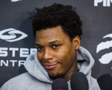 Toronto Raptors Kyle Lowry talks with media during a practice at the BioSteel Centre in Toronto, Ont. on Monday April 30, 2018. Ernest Doroszuk/Toronto Sun/Postmedia Network