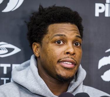 Toronto Raptors Kyle Lowry talks with media during a practice at the BioSteel Centre in Toronto, Ont. on Monday April 30, 2018. Ernest Doroszuk/Toronto Sun/Postmedia Network