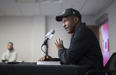 Toronto Raptors head coach Dwane Casey talks to media after practice at the BioSteel Centre in Toronto, Ont. on Monday April 30, 2018. Ernest Doroszuk/Toronto Sun/Postmedia Network