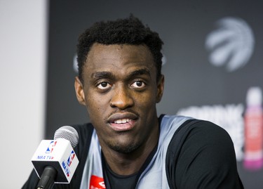 Toronto Raptors Pascal Siakam talks to media after practice at the BioSteel Centre in Toronto, Ont. on Monday April 30, 2018. Ernest Doroszuk/Toronto Sun