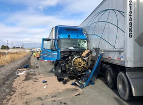 A vehicle damaged in a collision on Hwy. 401 at Winston Churchill on Thursday, April 19, 2019. (OPP_HSD)