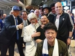 Toronto Mayor John Tory dressed as Abe Lincoln and pals in costume attend Game 3 of the Maple Leafs-Bruins series at the ACC on April 16, 2018. (Supplied)