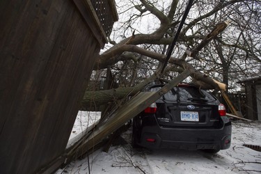 A car damaged by a fallen tree branch is shown in Toronto, Monday, April 16, 2018. Tens of thousands of people across southern and central Ontario remained without power Monday morning as the province's massive ice storm transitioned to drenching rain. THE CANADIAN PRESS/Frank Gunn