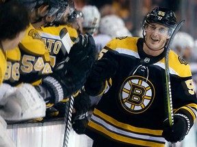 Boston Bruins' Noel Acciari celebrates his goal against the Ottawa Senators in Boston, Saturday, April 7, 2018. (AP Photo/Michael Dwyer)