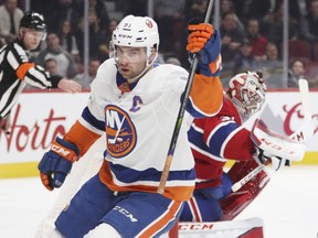 New York Islanders' John Tavares celebrates his short-handed goal against Montreal Canadiens' Carey Price during second period of NHL action in Montreal, January 15, 2018. (John Mahoney / MONTREAL GAZETTE)