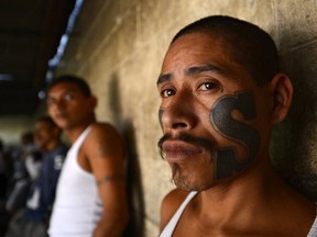 Members of Mara Salvatrucha (MS-13), held on March 4, 2013, in the Criminal Center of Ciudad Barrios, San Miguel, in El Salvador. (AFP/GETTY IMAGES)