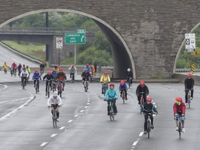 Cyclists participating in the annual Ride for Heart are pictured on the DVP in June 2017. (Craig Robertson/Toronto Sun)