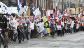 Hundreds of members of the Public Service Alliance of Canada (PSAC) protested in Toronto against the Phoenix pay system. They marched from Allan Gardens to the Parliament St. office of Finance Minister Bill Morneau on May 3, 2018. (VERONICA HENRI, Toronto Sun)