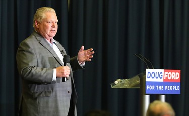Ontario PC leader Doug Ford addresses supporters at a rally  in Sudbury, Ont. on Thursday May 3, 2018. The provincial election is set for June 7..Gino Donato/Sudbury Star/Postmedia Network
