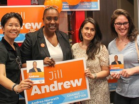 Toronto city councillor Kristyn Wong-Tam, left, canvassing for Toronto-St. Paul's NDP candidate Jill Andrew, second from left. Facebook photo