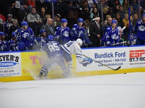 Toronto Marlies defenceman Justin Holl battles with Syracuse defenceman Daniel Walcott during Saturday's game. Scott Thomas Photography