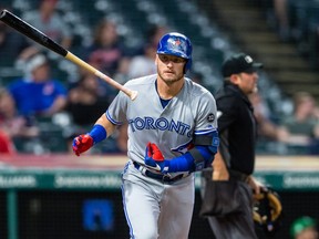 Josh Donaldson #20 of the Toronto Blue Jays tosses his bat after hitting a solo home run during the fourth inning against the Cleveland Indians in game two of a doubleheader at Progressive Field on May 3, 2018 in Cleveland, Ohio. (Photo by Jason Miller/Getty Images)