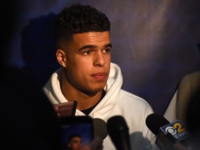 Michael Porter speaks with reporters during Day One of the NBA Draft Combine at Quest MultiSport Complex on May 17, 2018 in Chicago, Illinois. (Stacy Revere/Getty Images)