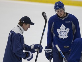 Leafs coach Mike Babcock and Leafs centre Auston Matthews at practice in Toronto on Nov. 21, 2016.