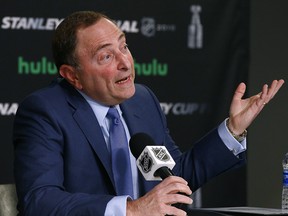 NHL commissioner Gary Bettman speaks during a news conference prior to Game 1 of the Stanley Cup final Monday, May 28, 2018, in Las Vegas. (AP Photo/Ross D. Franklin)