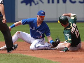 Dustin Fowler of the Oakland Athletics is caught stealing second base in the third inning as Josh Donaldson of the Toronto Blue Jays tags him out at Rogers Centre on May 20, 2018 in Toronto. (Tom Szczerbowski/Getty Images)