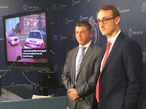 Homicide Det.-Sgt. Stacy Gallant (left) and Maxime Langlois, spokesman for the Bolo Program, were at Toronto Police Headquarters on May 1, 2018, to launch a new program aimed at catching those most wanted for serious crimes.