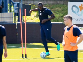 Usain Bolt participates in a football training session with the Norwegian soccer club Stromsgodset at the Marienlyst Stadium in Drammen, Norway on May 30, 2018