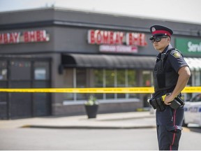 Peel Regional Police secure the scene of a bombing from the previous night at the Bombay Bhel restaurant in Mississauga, Ont. on Friday May 25, 2018. Ernest Doroszuk/Toronto Sun/Postmedia