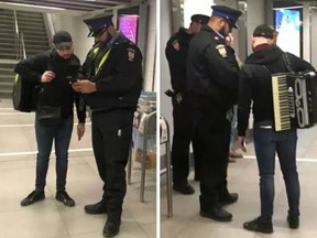 The TTC gets its man. One of two subway accordionists was busted Monday by TTC transit enforcement officers. (Adrian Humphreys/Postmedia)