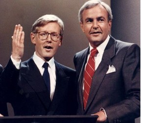 Former NDP premier Bob Rae and one-time Liberal premier David Peterson are pictured together in this 1990 photo. (The Canadian Press)