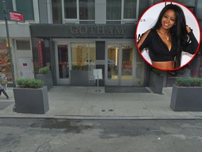 Playmate Stephanie Adams (inset) reportedly jumped to her death with her son out of a window of the Gotham Hotel in New York City. (Brad Barket/Getty Images)