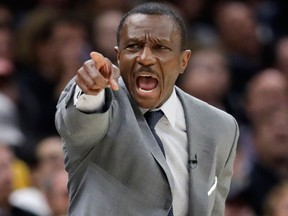 Toronto Raptors coach Dwane Casey yells during Game 3 against the Cleveland Cavaliers at Quicken Loans Arena on May 5, 2018