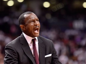 Toronto Raptors coach Dwane Casey calls out at the end of second half NBA basketball action against the Washington Wizards in Toronto on April 17, 2018