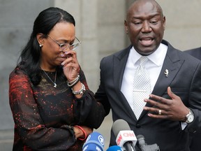 Jewel Upshaw becomes emotional as attorney Ben Crump speaks at a news conference in front of the court in New York on May 30, 2018