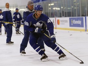 Pierre Engvall makes a cut during a drill at Toronto Maple Leafs development camp at the MasterCard Centre on July 10, 2017