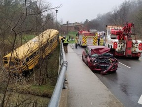 A school bus involved in a crash in Bolton on Friday, May 4, 2018. (twitter.com/sonnysubra)