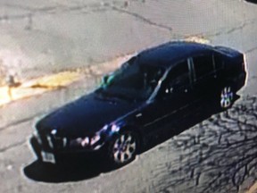 A BMW sought in a hit-and-run in the mall area of Queen Elizabeth Way and Dixie Road on May 16, 2018.