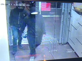 A photo released by Peel police of two people wanted in an IED blast at Bombay Bhel Indian restaurant in Mississauga on May 24, 2018.